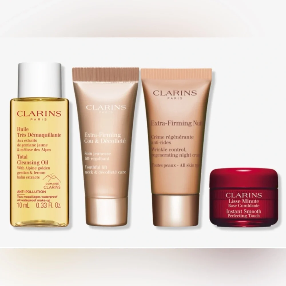 CLARINS 5p Skincare Travel Cleansing Oil Firming Neck Chest Night Primer $60